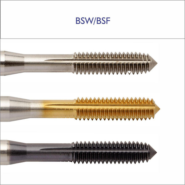 BSW/BSF : Short Machine Tap ISO529 Form 'C' HSS-E Fluteless OG 8̴ deg BSW/BSF Bright/TiN/TiCN Size : 1/8" - 1" - EmkayTools